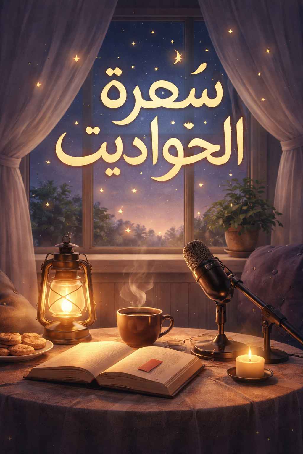 بودكاست سهرة الحواديت، ميكروفون وأجواء سهرة تعكس الحكي والتسلية.